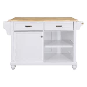 White Wood 57.5  in.. Kitchen Island with Storage Shelves, Rubber Wood Top, Adjustable Storage Shelves, 4-Wheels