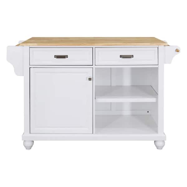 Unbranded White Wood 57.5 in.. Kitchen Island with Storage Shelves, Rubber Wood Top, Adjustable Storage Shelves, 4-Wheels