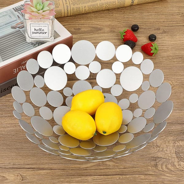 1 Piece Silver Gray Metal Fruit Bowl Basket Creative Fruit Stand Round Fruit Tray for Breads Snacks Candy