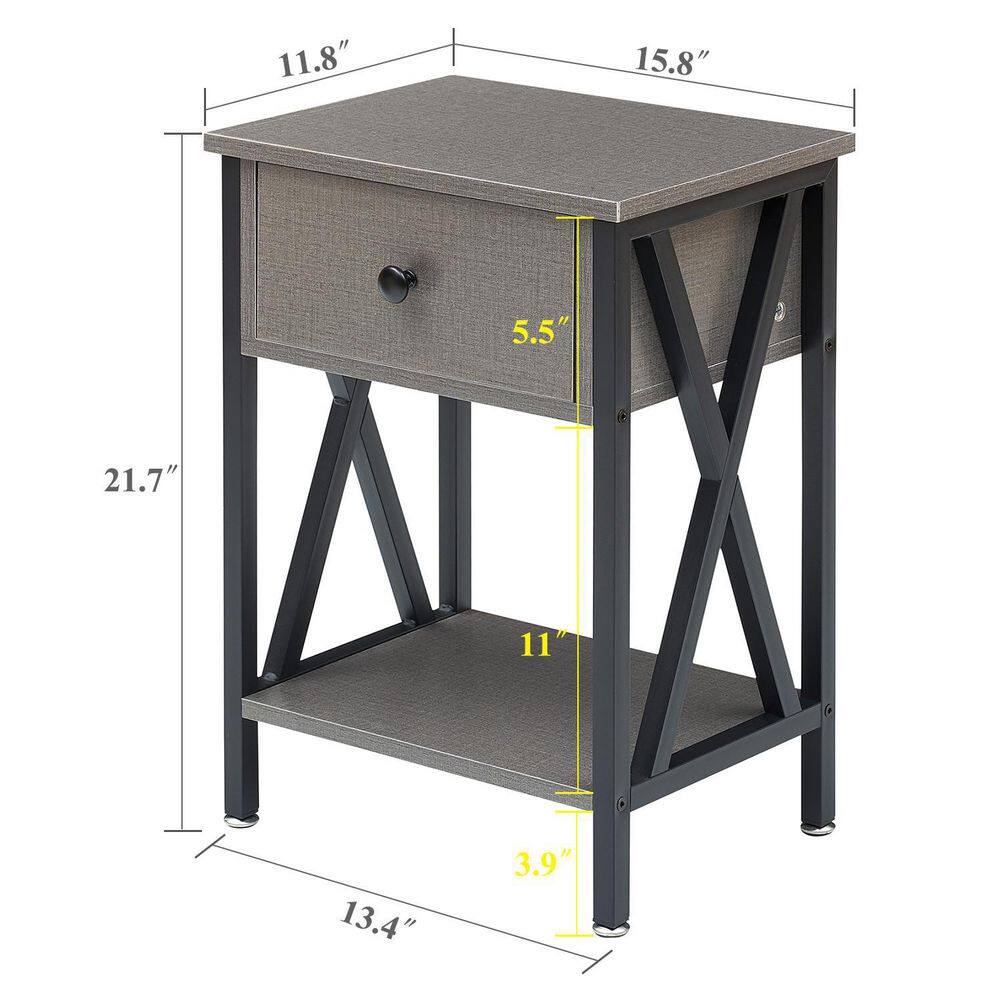 Nightstands X-Design Side End Table Night Stand Storage Shelf with Drawer 11.8Wx 15.8L x 21.7H Retro Black Set of 2 - thumbnail 3