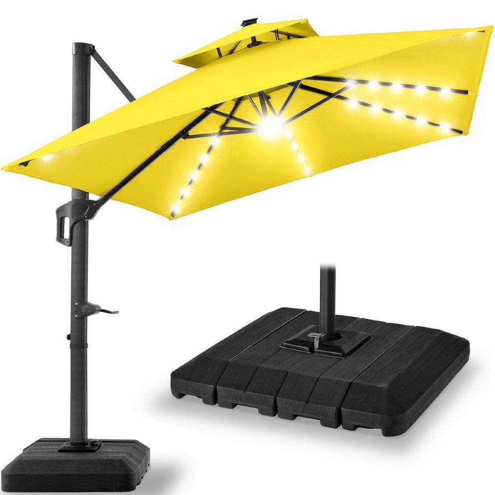 12 ft. Solar LED 2-Tier Square Cantilever Patio Umbrella with Base Included in Yellow price history on PriceWatchPro