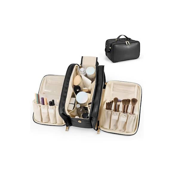 Black Large Capacity Travel Makeup Toiletry Bag with Free-Standing Brush Holder, Waterproof Cosmetic Organizer for Women