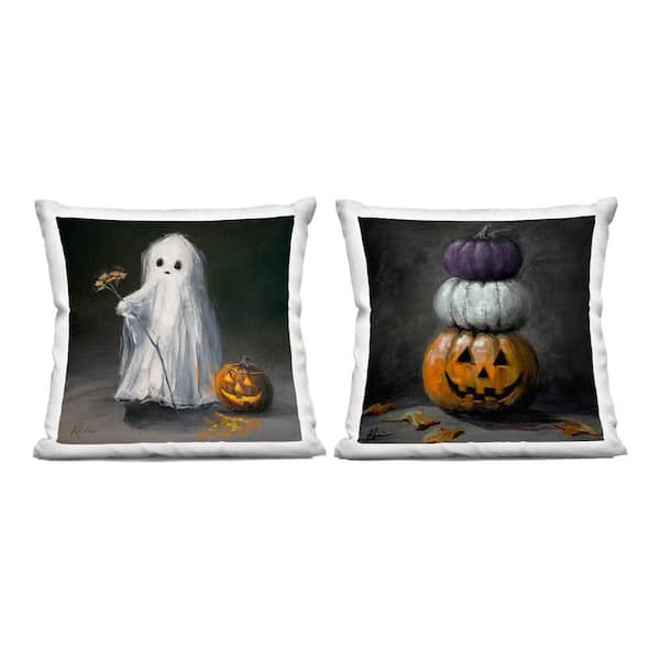 Vintage Halloween Ghost & Pumpkin Stack Black Print Zipper Polyester 18 in. x 18 in. Throw Pillow Set of 2