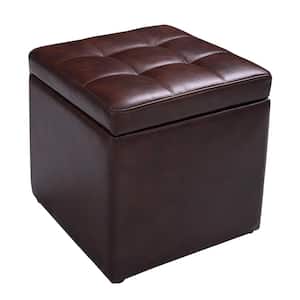 16 in. Red Brown Cube Ottoman Storage Box Pouffe Seat Footstools with Hinge Top