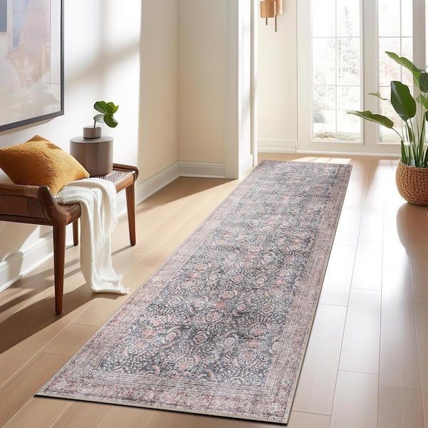 Vintage Inspired Machine Washable Non Slip Charcoal 2 ft. 6 in. x 6 ft. Runner Rug