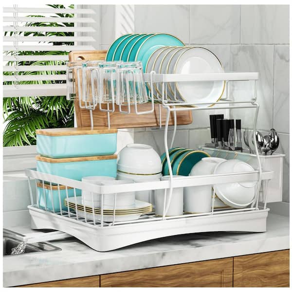 Large Dish Drying Rack with Utensil Holder, Detachable Large Capacity Dish Drainer Organizer for Kitchen Counter, White