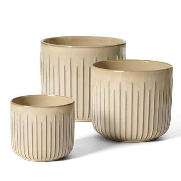 Fluted Ceramic Planters 3-Pack (Cloud Cream Reactive, 8.3/7/5.7 in.) - Glossy Stoneware, with Drainage Plug and Mesh