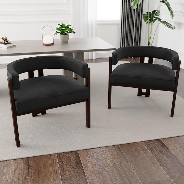 Black Chenille Dining Chair Armchair with Open Back 3-Legs Barrel for Living Room (Set of 2)