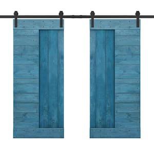 60 in. x 84 in. Ocean Blue Stained DIY Knotty Pine Wood Interior Double Sliding Barn Door with Hardware Kit