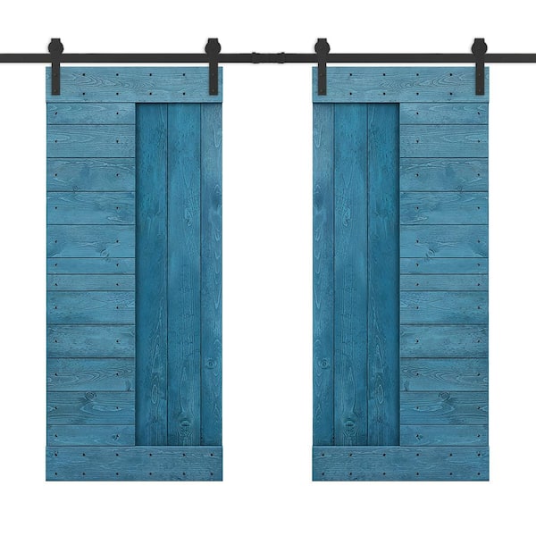 CALHOME 72 in. x 84 in. Ocean Blue Stained DIY Knotty Pine Wood Interior Double Sliding Barn Door with Hardware Kit