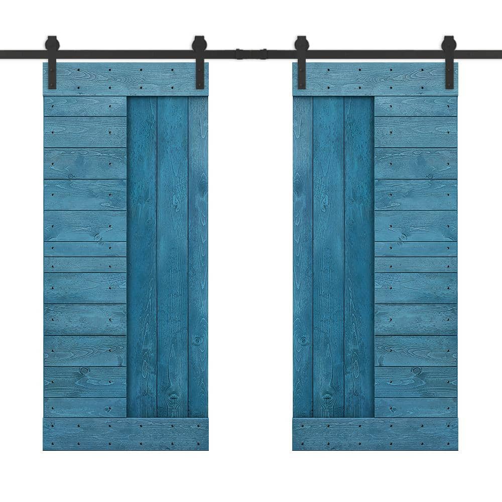 76 in. x 84 in. Ocean Blue Stained DIY Knotty Pine Wood Interior Double Sliding Barn Door with Hardware Kit price history on PriceWatchPro