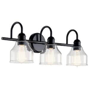 Avery 24 in. 3-Light Black Industrial Bathroom Vanity Light with Clear Seeded Glass