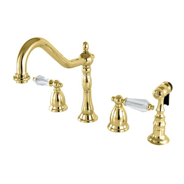 Kingston Brass Vintage Crystal 2-Handle Standard Kitchen Faucet with Side Sprayer in Polished Brass
