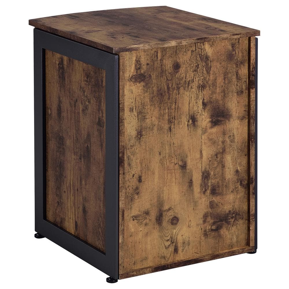 Side view of the antique nutmeg and gunmetal mobile pedestal.