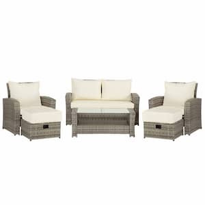 6-Piece Dark Grey PE Wicker Rattan Outdoor Conversation Sectional Set with Beige Removable Cushions Wicker Sofas Ottoman
