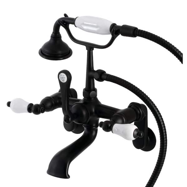 Kingston Brass Aqua Vintage 3-Handle Wall-Mount Clawfoot Tub Faucets with Hand Shower in Matte Black