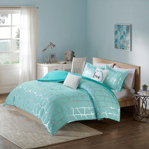 Afoxsos Metallic Printed Polyester Super Soft Microfiber Fabric Geometric Design Embroidered Pillow Twin Bed Comforter Set