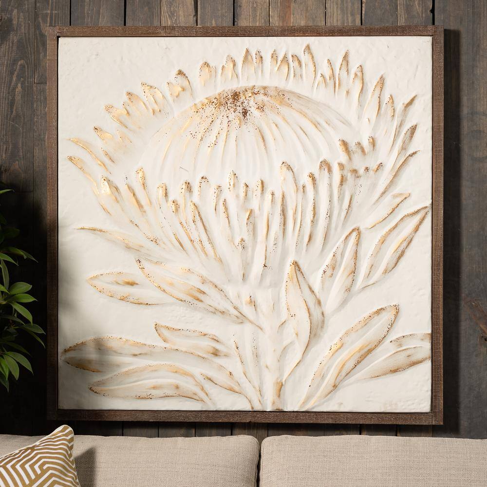 Gold-Brushed Embossed Protea Artwork with Weathered Wood Frame