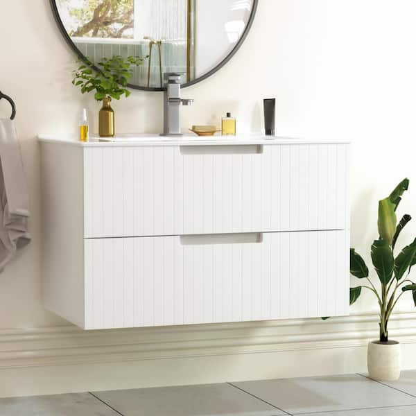 18.25 in. W x 29.75 in. D x 19.25 in. H-1 Sink Wall Mounted Bath Vanity in White with White Ceramic Top and 2-Drawers