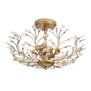 Alina 18 in. 4-Light Brushed Brass Crystal Beaded Branches Semi- Flush Mount