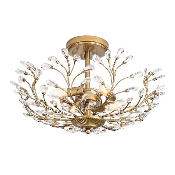 Jojospring Alina 18 in. 4-Light Brushed Brass Crystal Beaded Branches Semi- Flush Mount