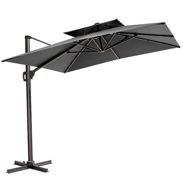 HomeRoots 11 ft. Dark Gray Polyester Round Tilt Cantilever Patio Umbrella with Stand