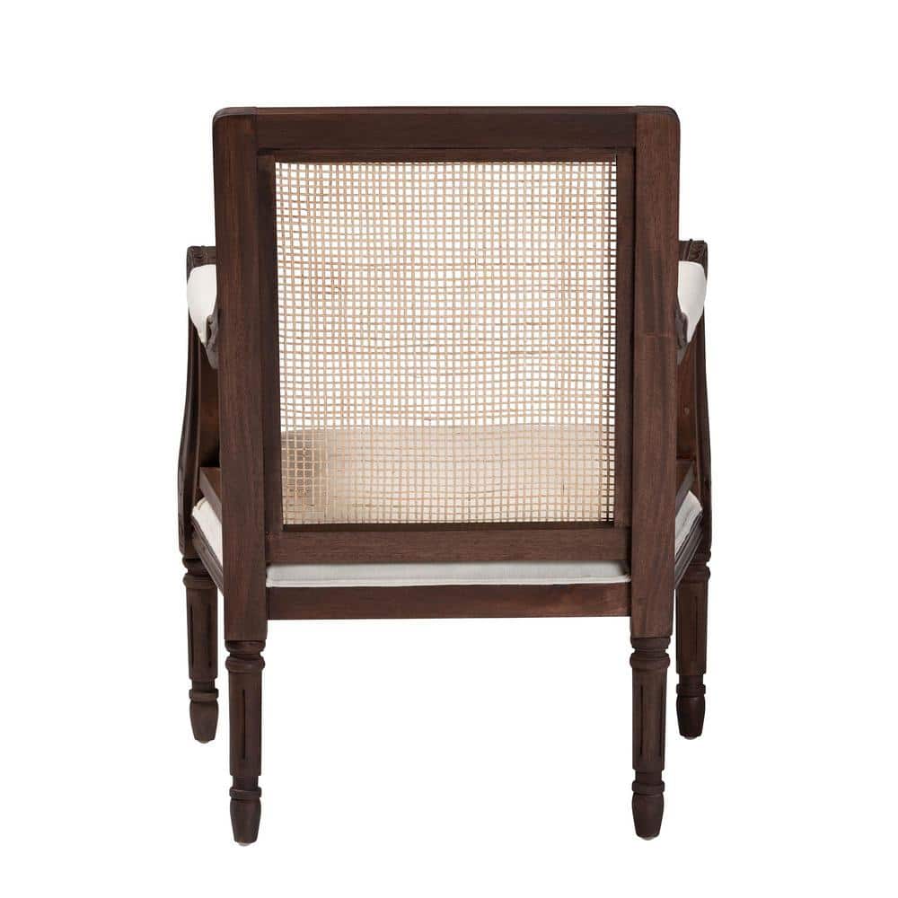 French Provincial Dark Brown Wood and Beige Fabric Accent Chair