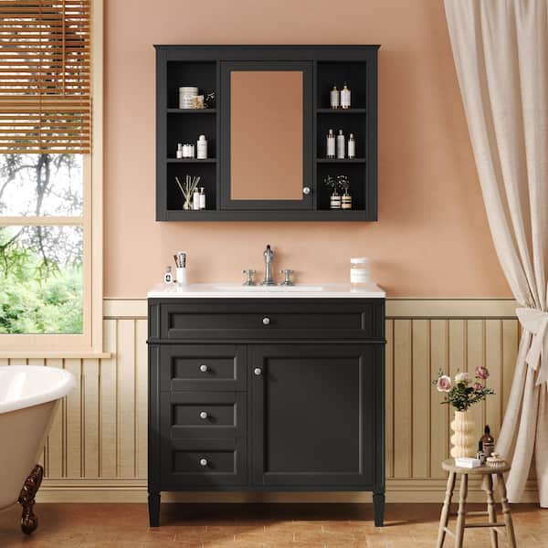 36 in. W x 24 in. H Rectangular Surface Mount Medicine Cabinet with Mirror, Include Bathroom Vanity, Black