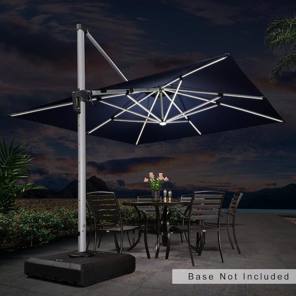 PURPLE LEAF 11 ft. Square Solar powered LED Patio Umbrella Outdoor Cantilever Umbrella Heavy Duty Sun Umbrella in Navy Blue