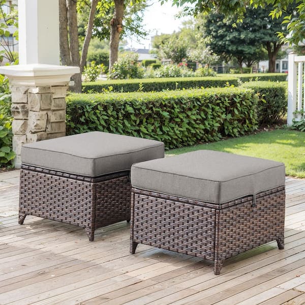 moosprr Luxurious Brown Wicker Outdoor Ottoman with Gray Cushions and Fastening Loop (2-Pack)