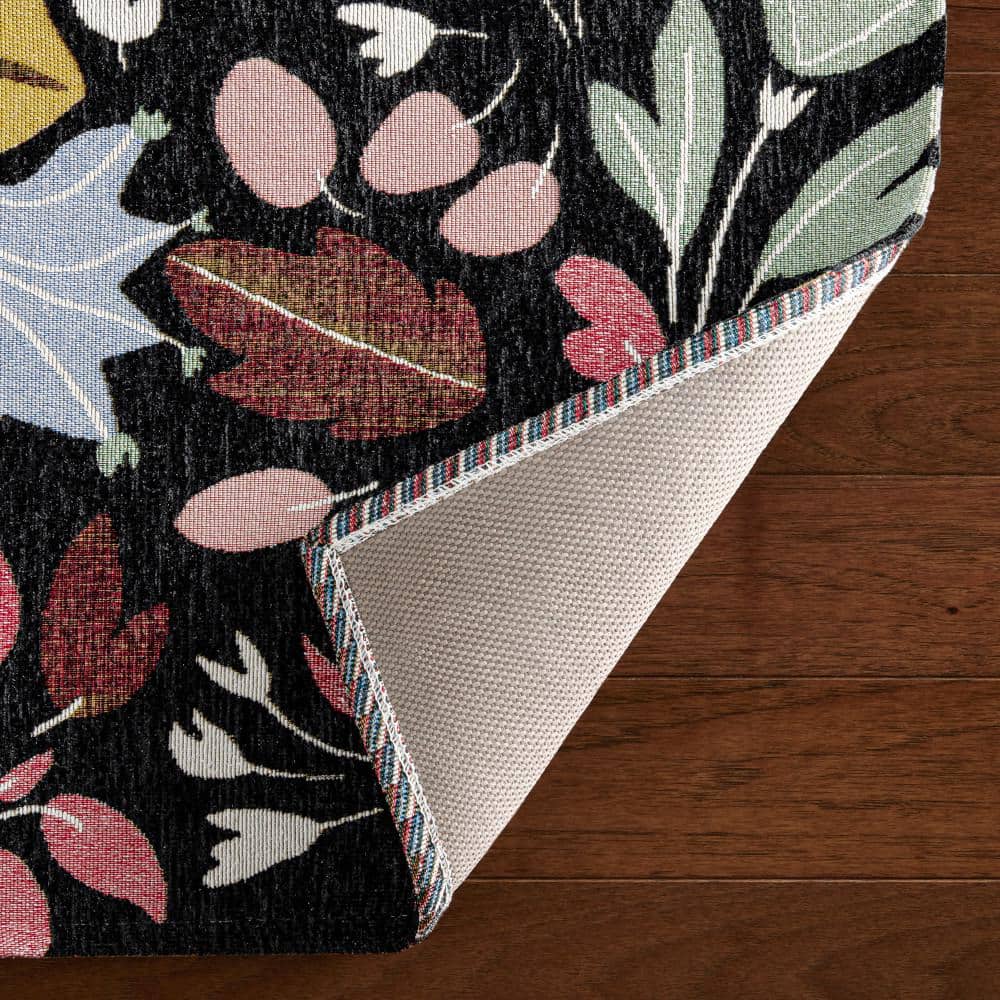 Black Floral Synthetic Washable Non-Slip Rectangular Rug 24" x 40"