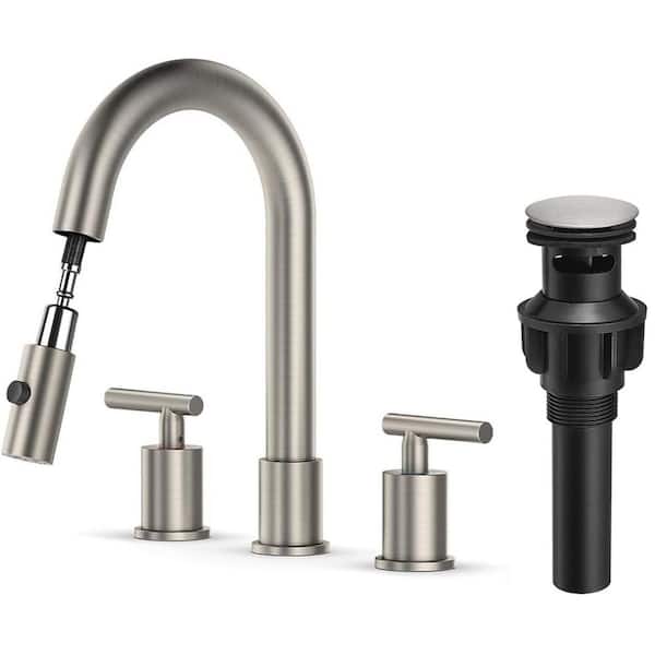 8 in. Widespread 3-Hole Double Handle Pull Down Bathroom Faucet with Drain in Brushed Nickel