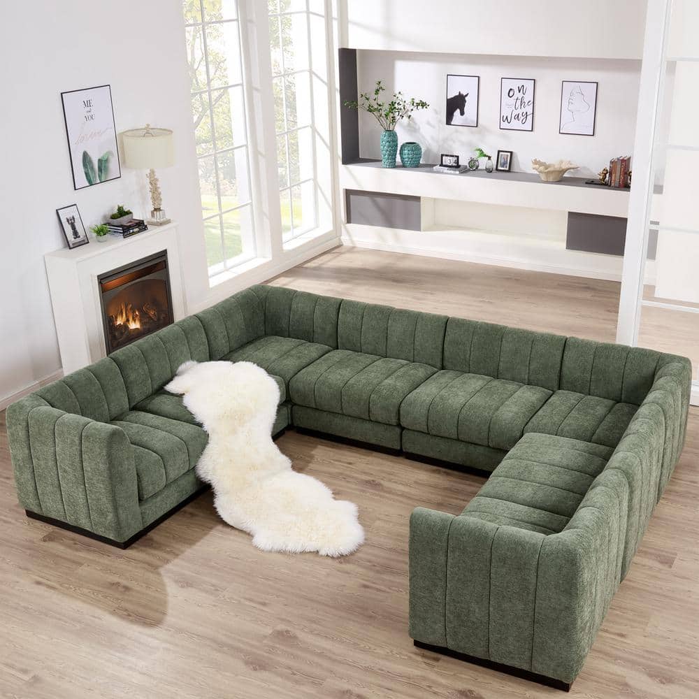 Morden Fort 128 in. U Shape Chenille Green Sectional Couch, 8