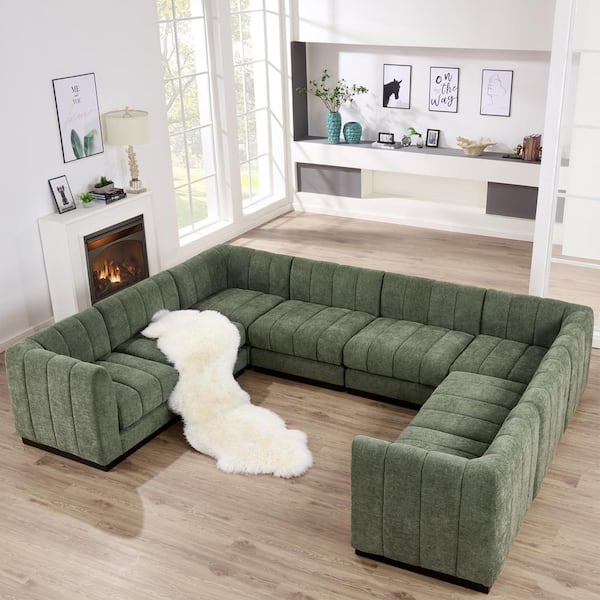 128 in. U Shape Chenille Green Sectional Couch, 8-Piece Seater Oversized Modular Sofa Set for Living Room Office