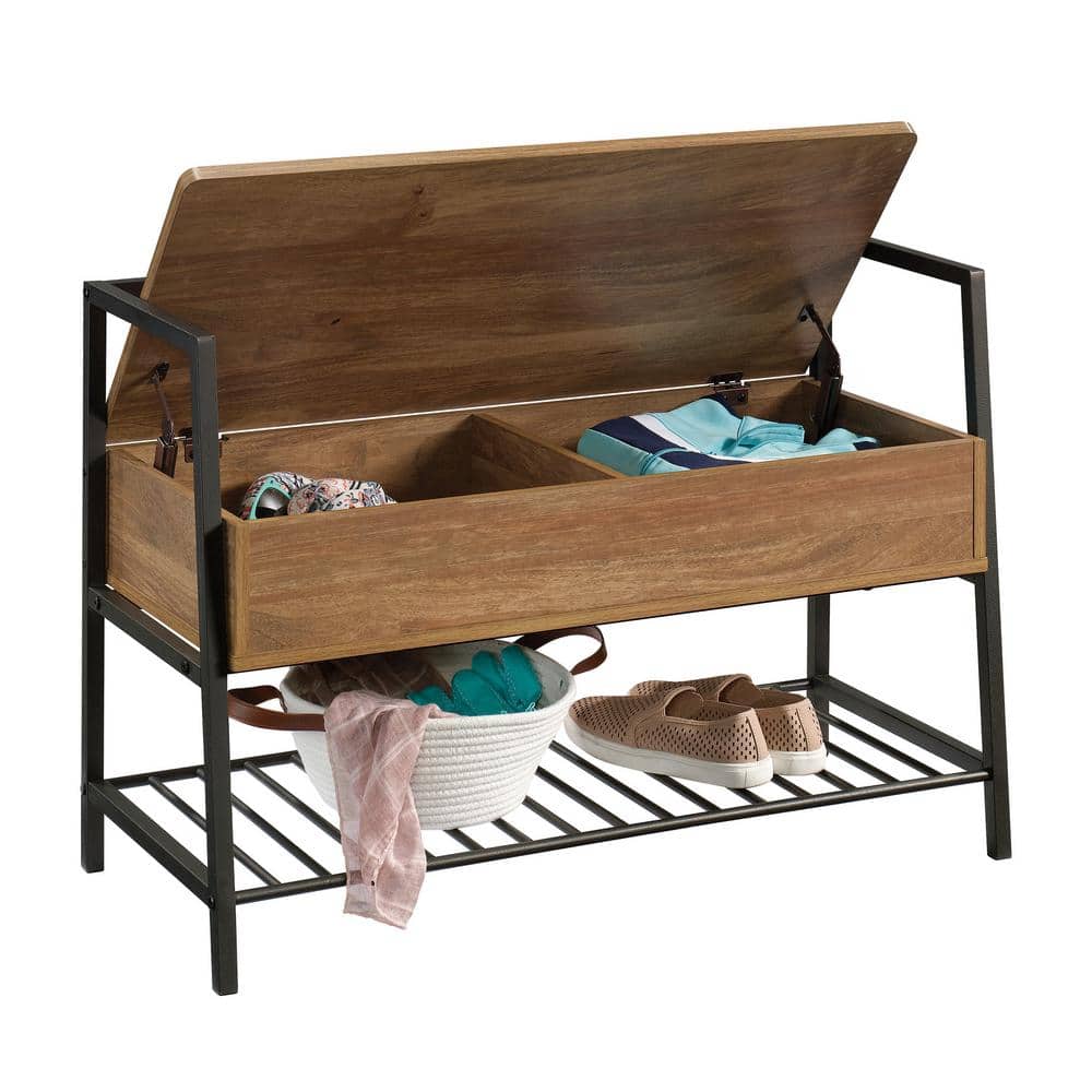 Sindoori Mango and Black Metal Entryway Bench with Hidden Storage