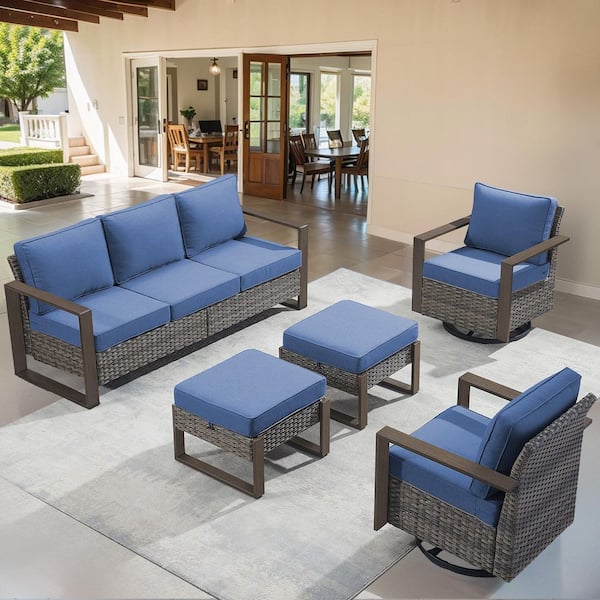 Cube Edge 5-Piece Gray Wicker Patio Conversation Set with Olefin Blue Cushions and Ottomans/ Patio Swivel Gliders