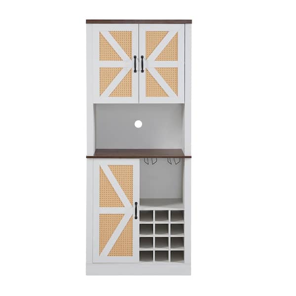 FUNKOL 31.5 in. x 15.7 in. x 76.4 in. White Walnut Wooden Wine Cabinet w/3 Valley-Doors Microwave Shelf and Multiple Wine Racks