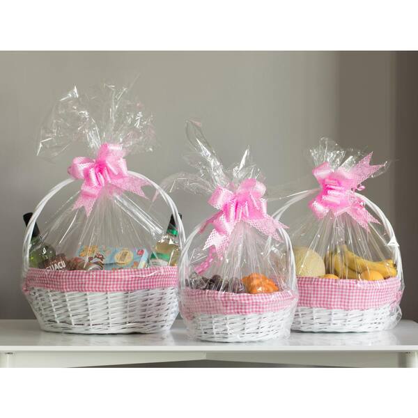 Vintiquewise White Round Willow Gift Basket with Pink and White Gingham  Liner and Handles (Set of 3) QI004550PK.3 - The Home Depot