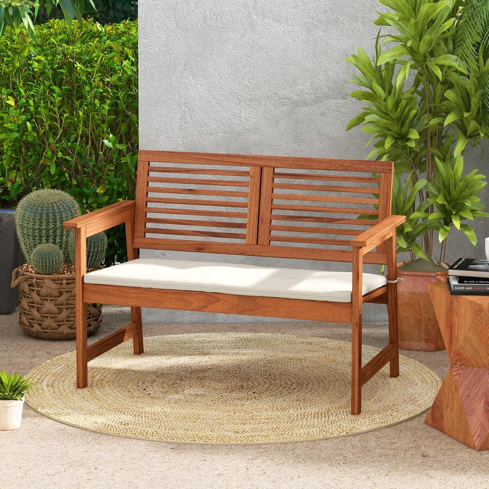 Natural Brown Solid Wood Outdoor Bench with Off-White Cushion