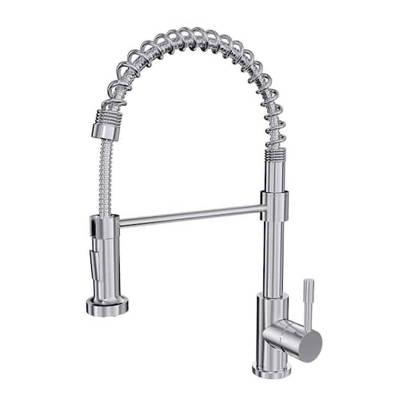 Soneva Stainless Steel Single Handle Pull Down Sprayer Kitchen Faucet with Baseplate in Brushed Stainless