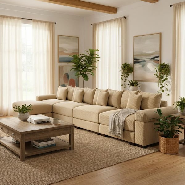 ZJBCDL 167.6 in. Straight Arm 5-Piece Corduroy Modular Sectional Sofa with Ottoman and Ergonomic Design in Soft Ivory