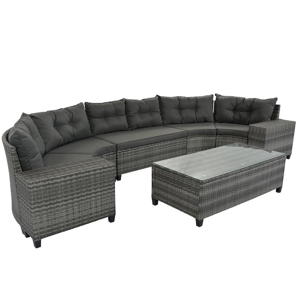 Unbranded 8-piece Wicker Outdoor Round Sectional Sofa Set with Rectangular Coffee Table, Dark Gray Cushions