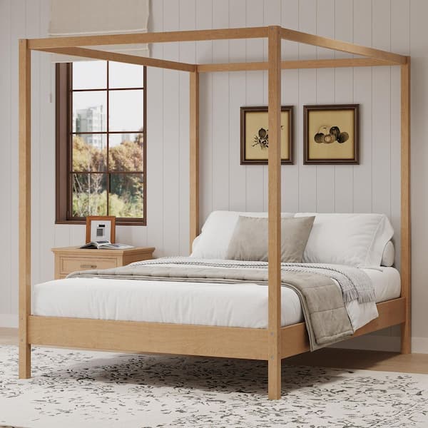 Natural (Light Brown) Solid Wood Frame King Size Canopy Bed with Premium Sturdy Construction, No Box Spring Needed
