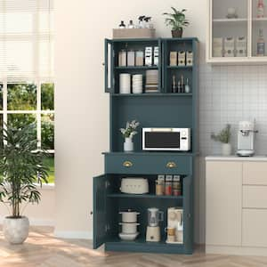 Teal Blue Engineered Wood Kitchen Pantry Cabinet Storage Hutch w/ Adjustable Shelves, Buffet Cupboard, Microwave Stand