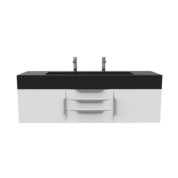 castellousa Nile 60 in. W x 19 in. D x 20 in. H Bath Vanity in Matte White with Chrome Trim and Black Solid Surface Top