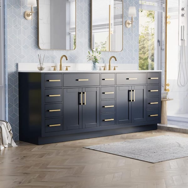 84 in. Double Sink Freestanding Solid Wood Bath Vanity in Navy Blue with White Cultured Marble Top, Soft-Close,Assembled