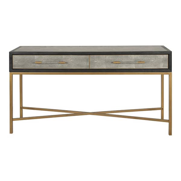 Vaughn 59 in. Gray Rectangle Solid Black Oak Wood Console Table with Shagreen-Patterned Polyurethane, 2-Drawers