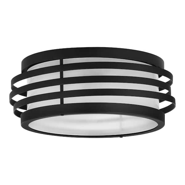 Home Decorators Collection Clancy 2-Light Textured Matte Black Damp-Rated Outdoor Flush Mount Ceiling Light
