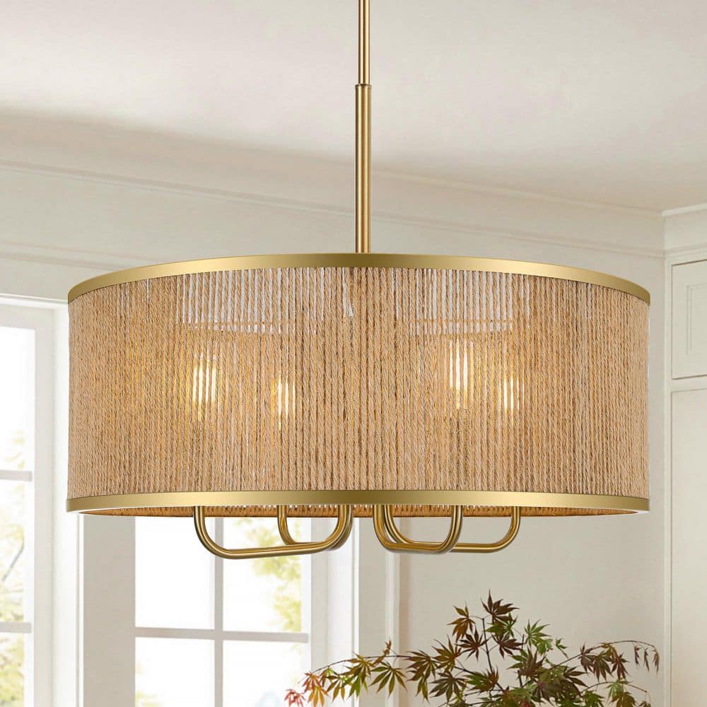 19.6 in. 4-Light Antique Brass Bohemian Drum Chandelier with Natural Hemp Rope Shade price history on PriceWatchPro
