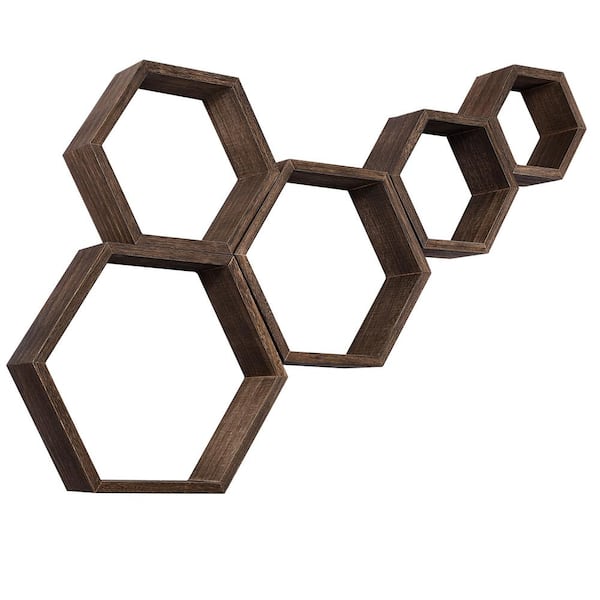 Oumilen Hexagon Floating Shelves 5 Different Sizes Honeycomb Shelves for Wall, Brown